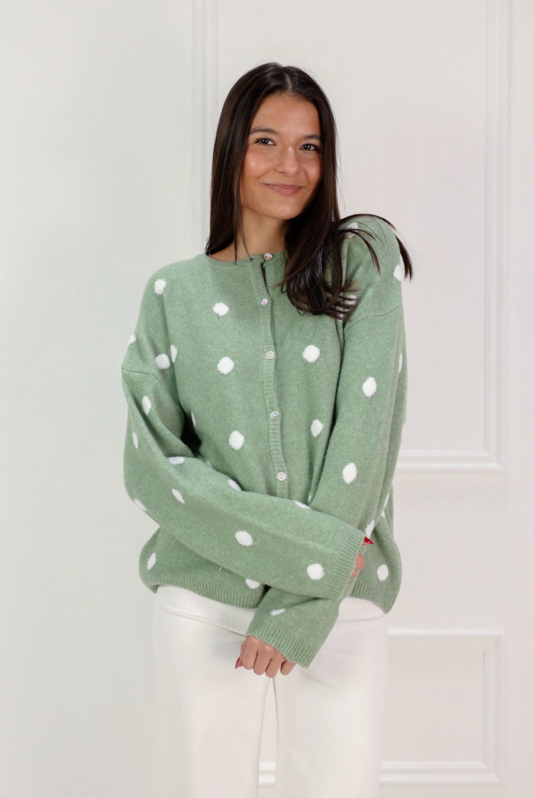 Polka Dot Cardigan Sweater Sage/Ivory - Clothe Boutique