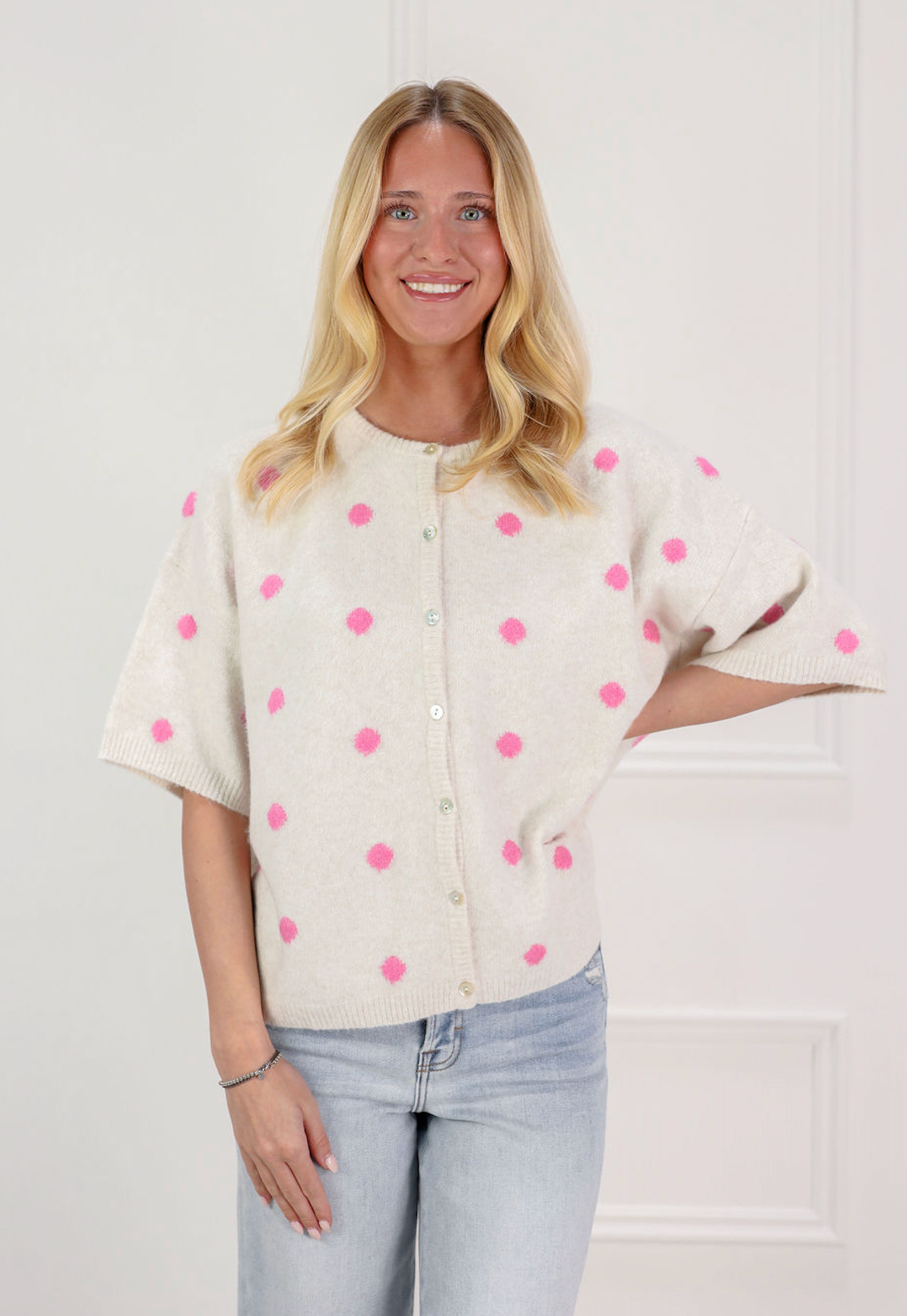 Pink Polka Dot Button Up Sweater - Clothe Boutique