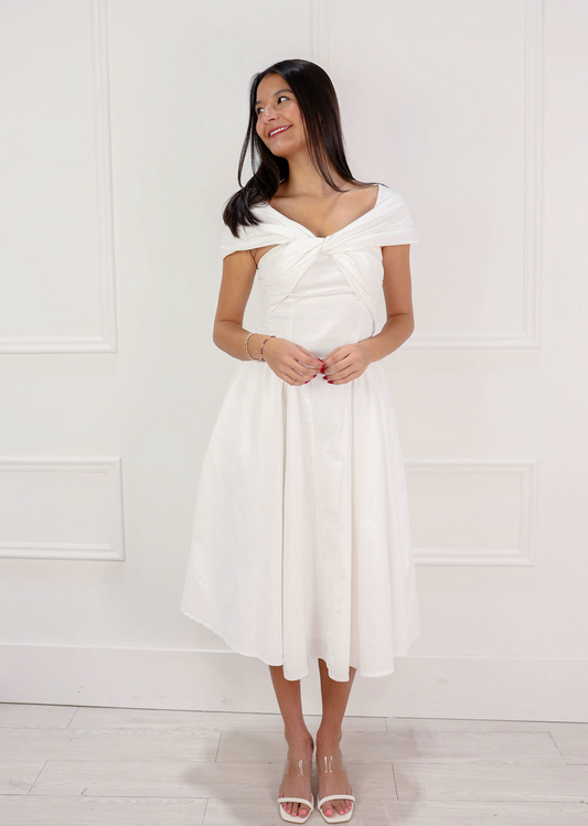 Twisted Off Shoulder Midi Dress White