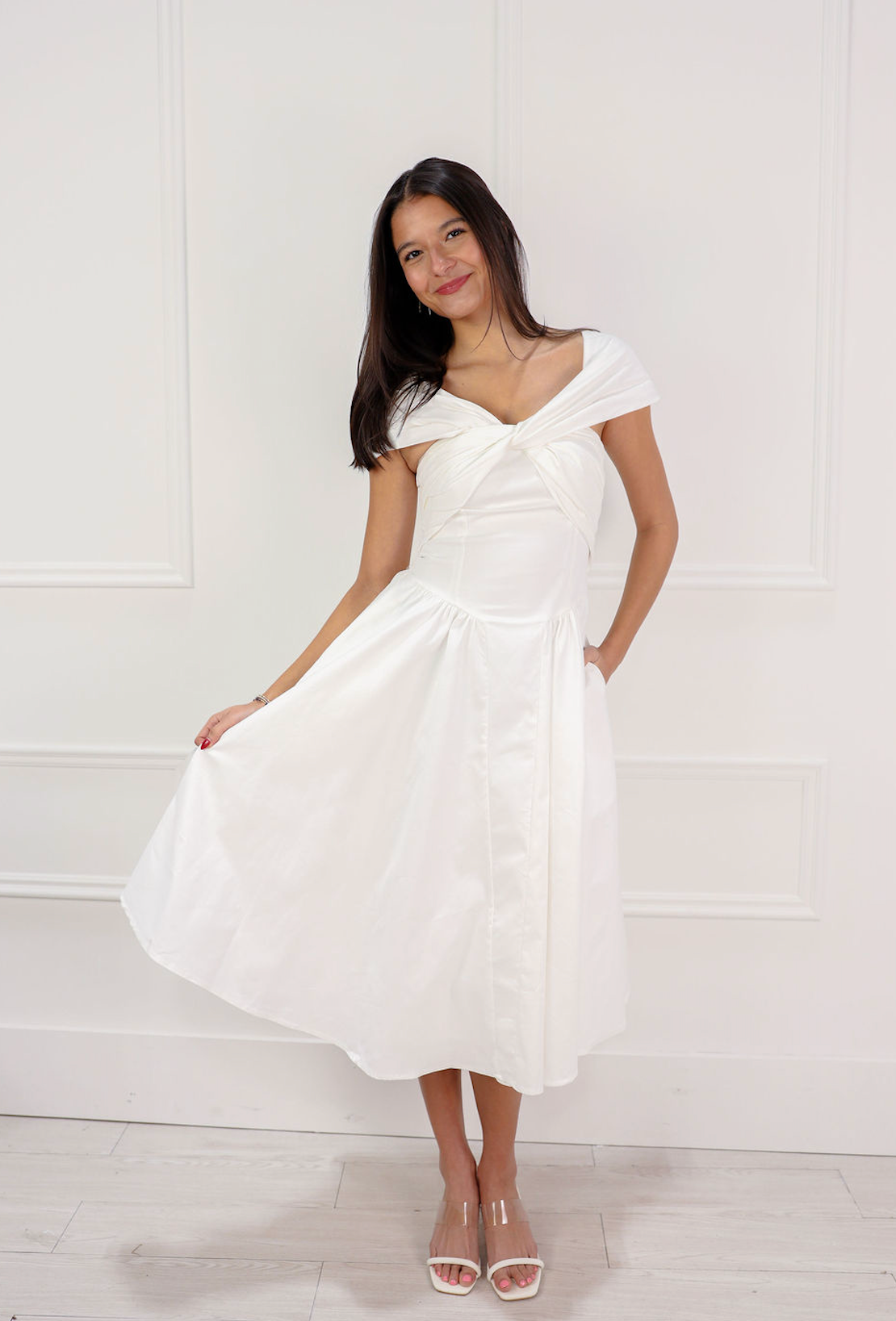 Twisted Off Shoulder Midi Dress White