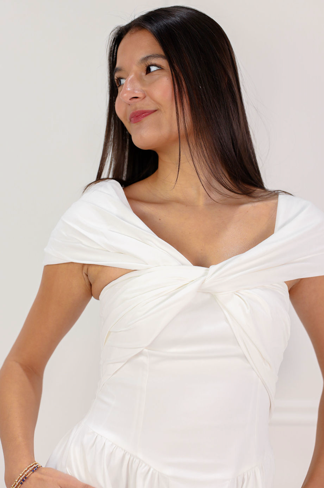 Twisted Off Shoulder Midi Dress White