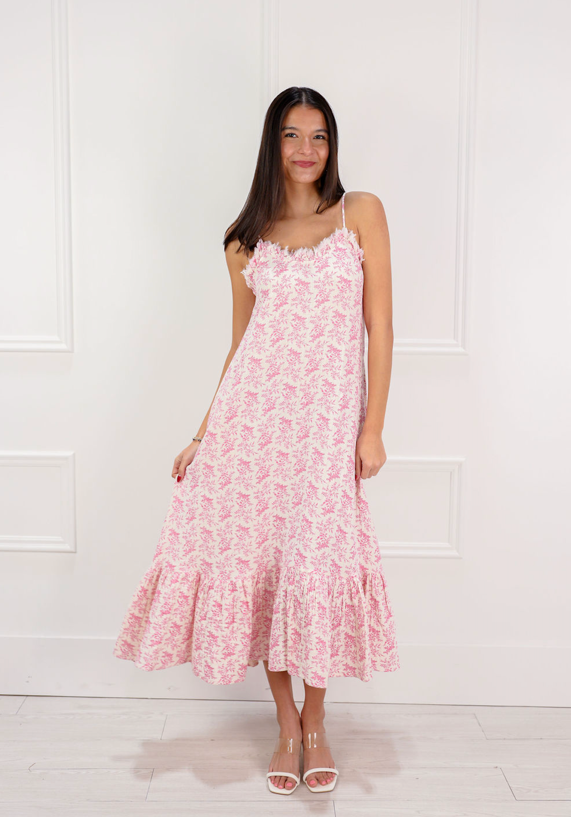 Pink Floral Ruffle Maxi Dress