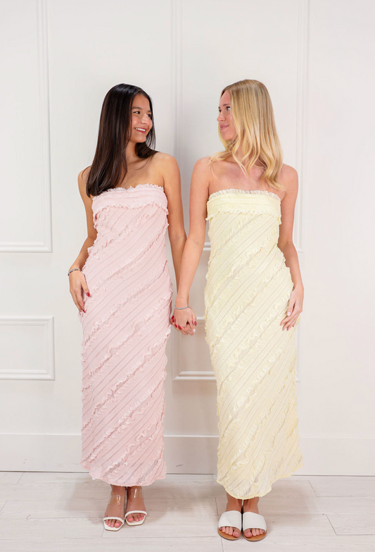 Strapless Ruffle Textured Midi Dress Yellow