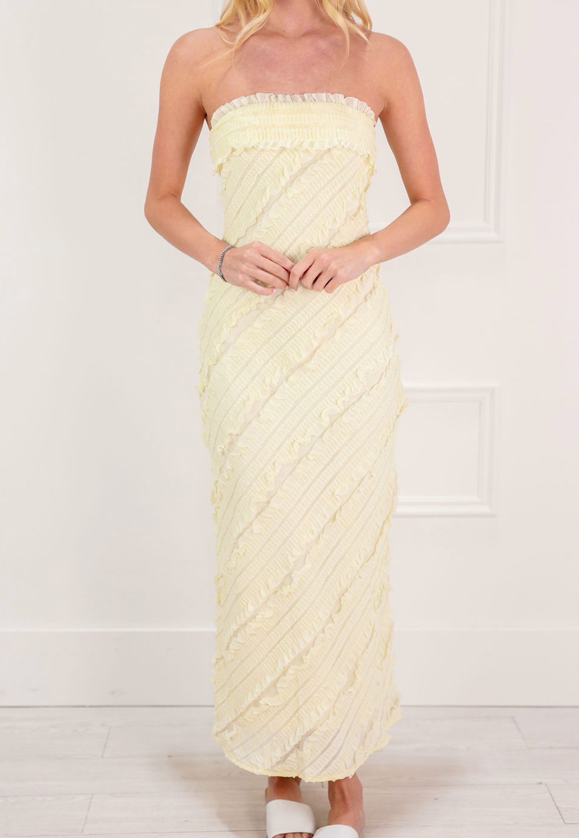 Strapless Ruffle Textured Midi Dress Yellow