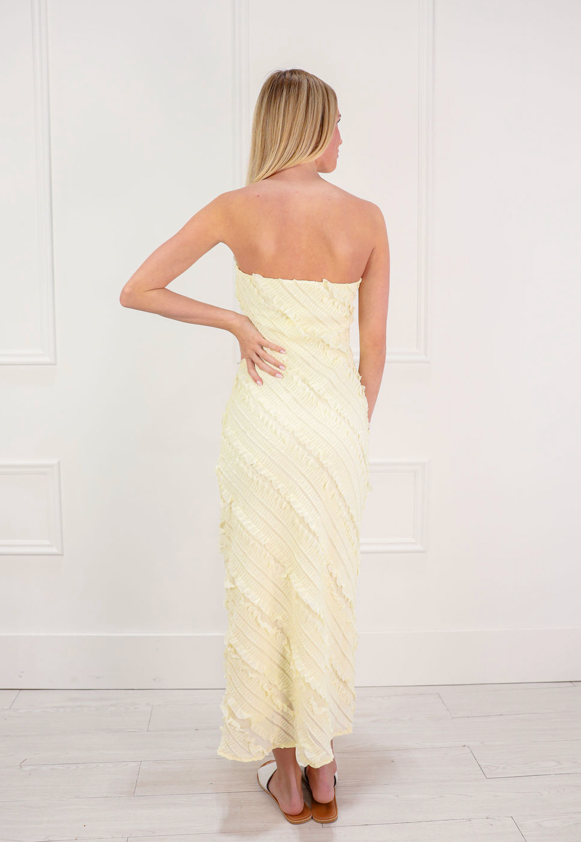 Strapless Ruffle Textured Midi Dress Yellow