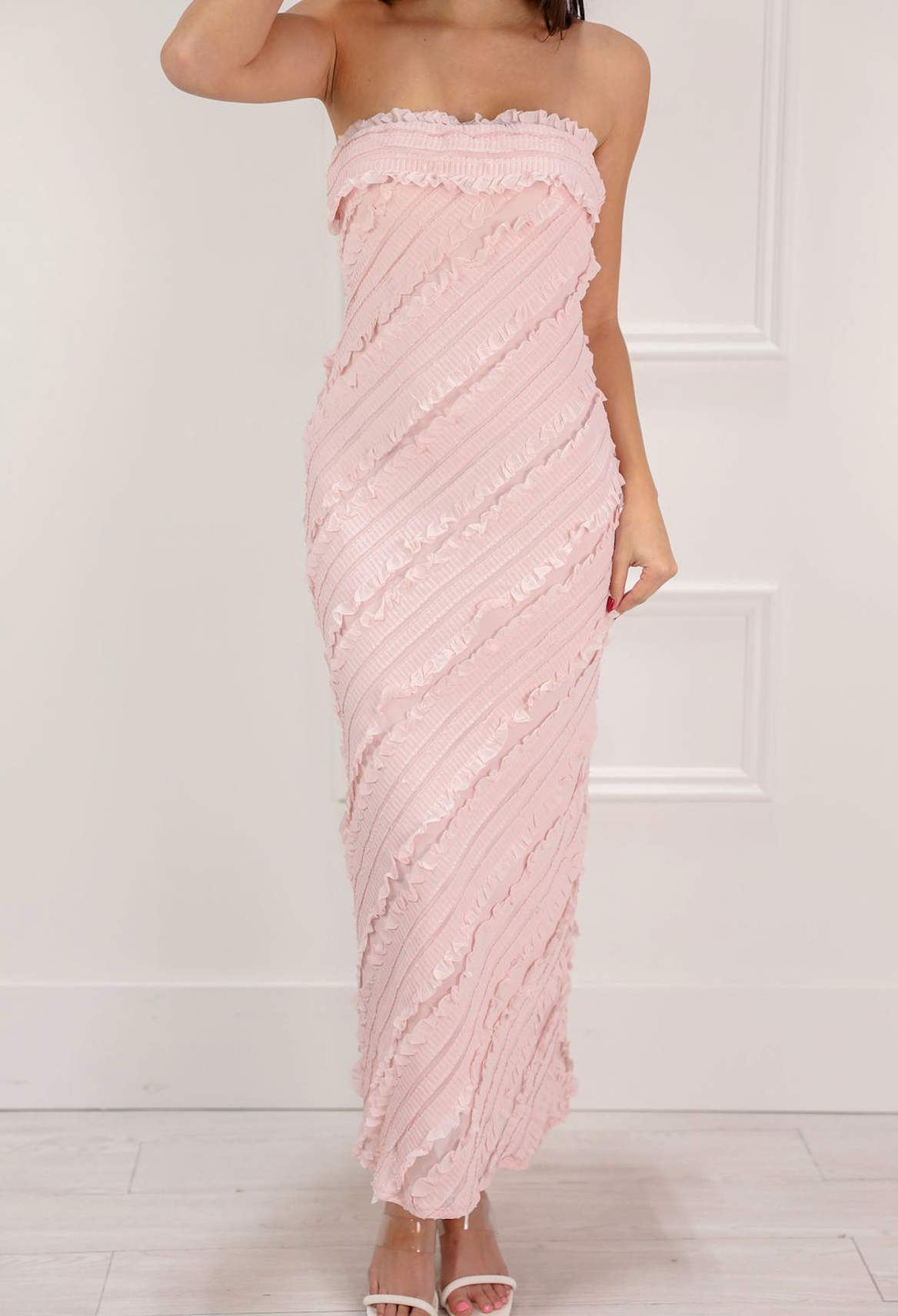 Strapless Ruffle Textured Midi Dress Pink – Clothe Boutique Strapless Ruffle Textured Midi Dress Pink – Clothe Boutique