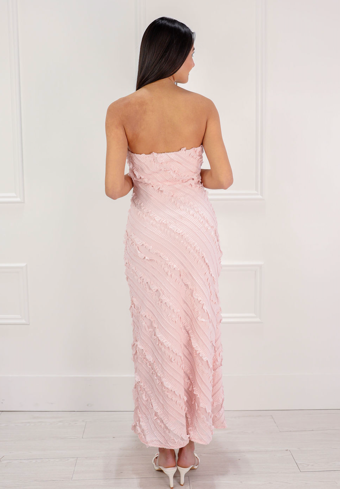 Strapless Ruffle Textured Midi Dress Pink - Clothe Boutique