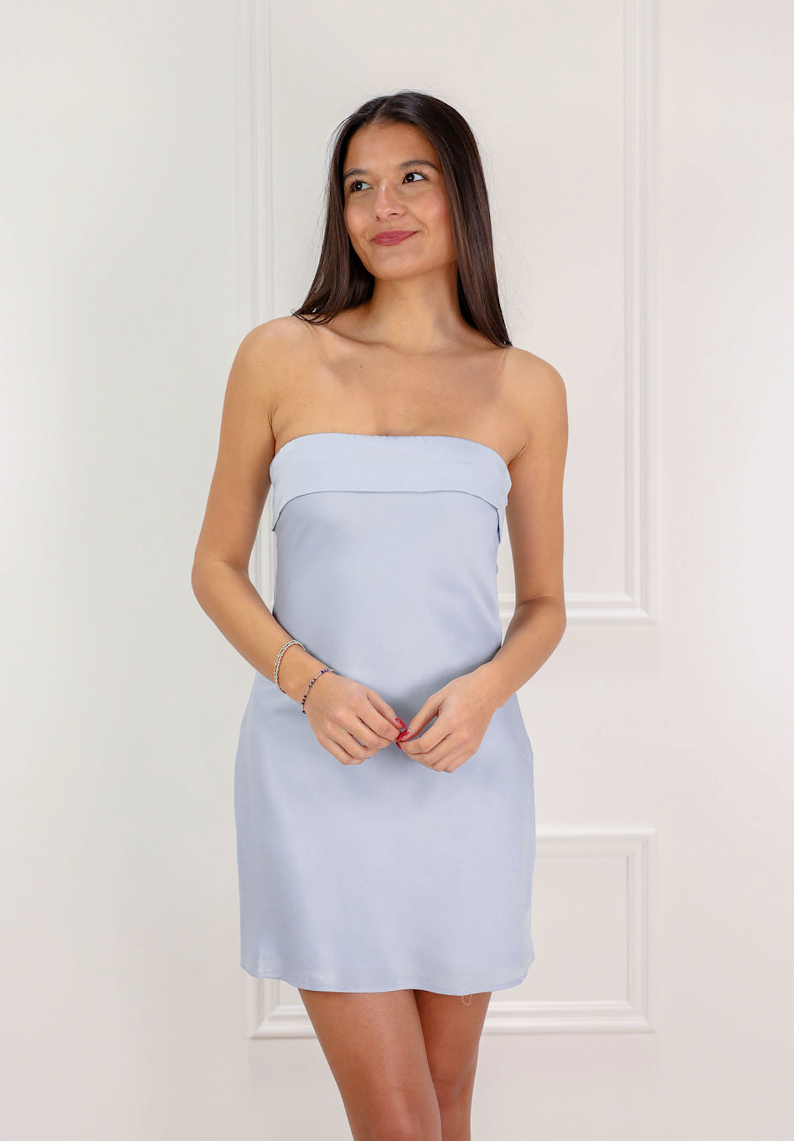 Satin Strapless Mini Dress Sky