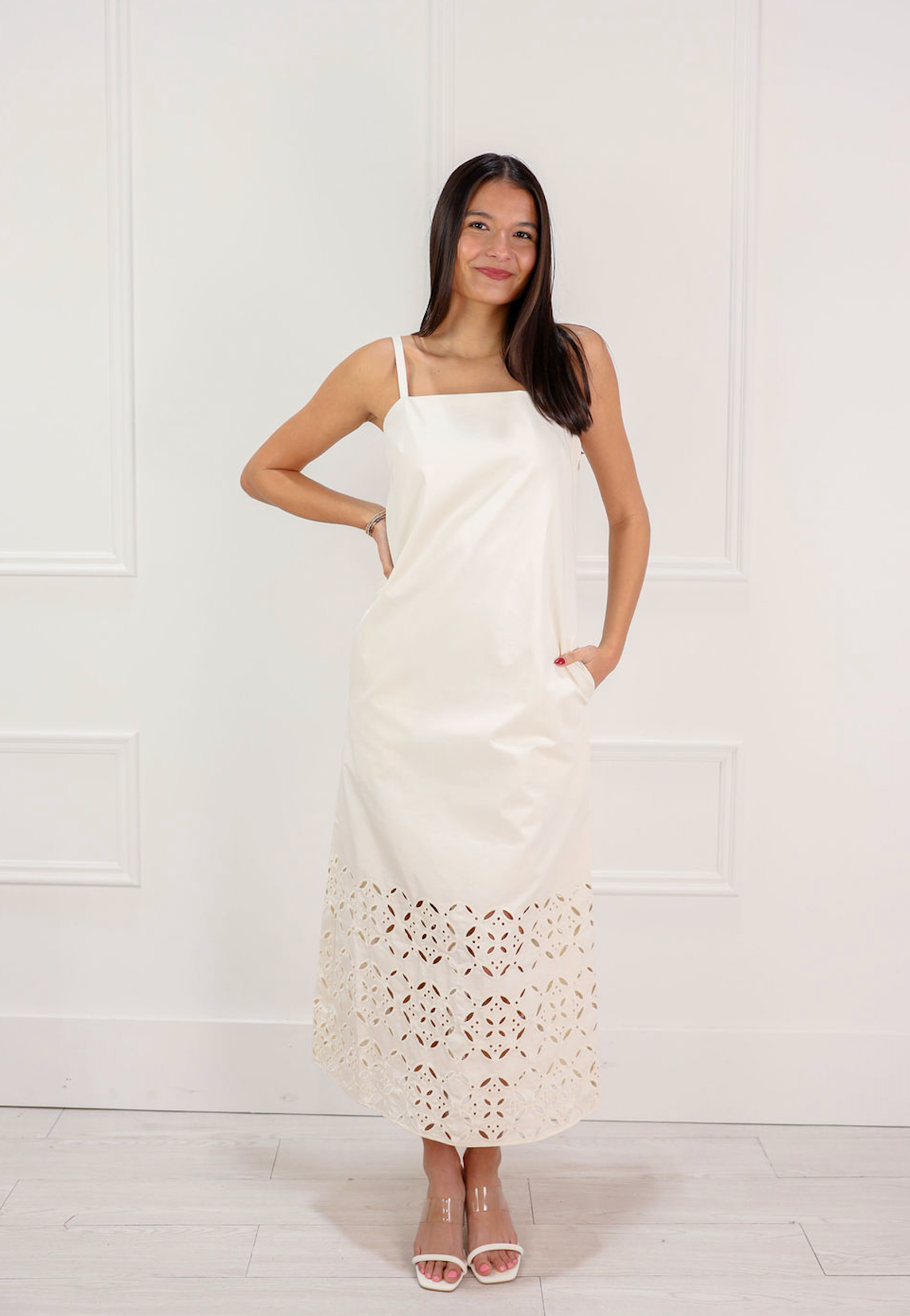 Cream Embroidered Trim Midi Dress