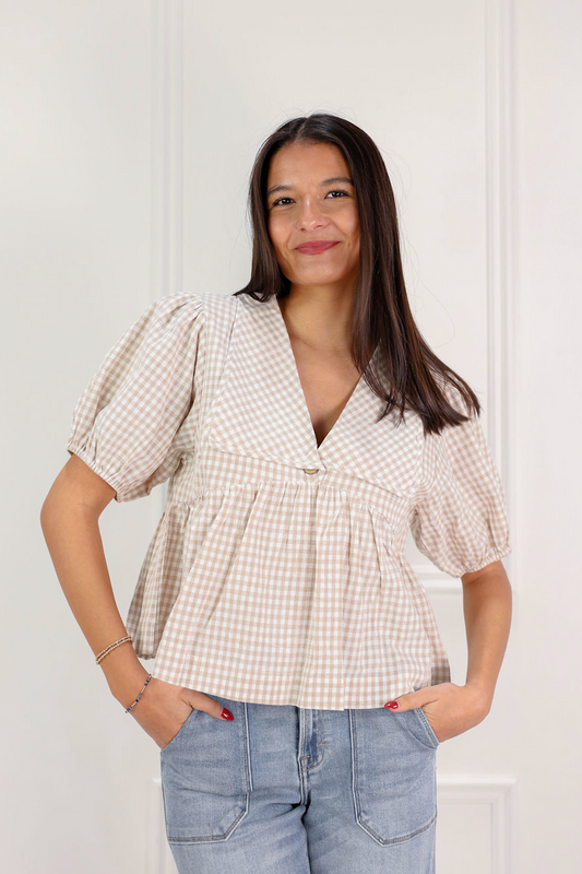 Plaid Collared Blouse Taupe - Clothe Boutique