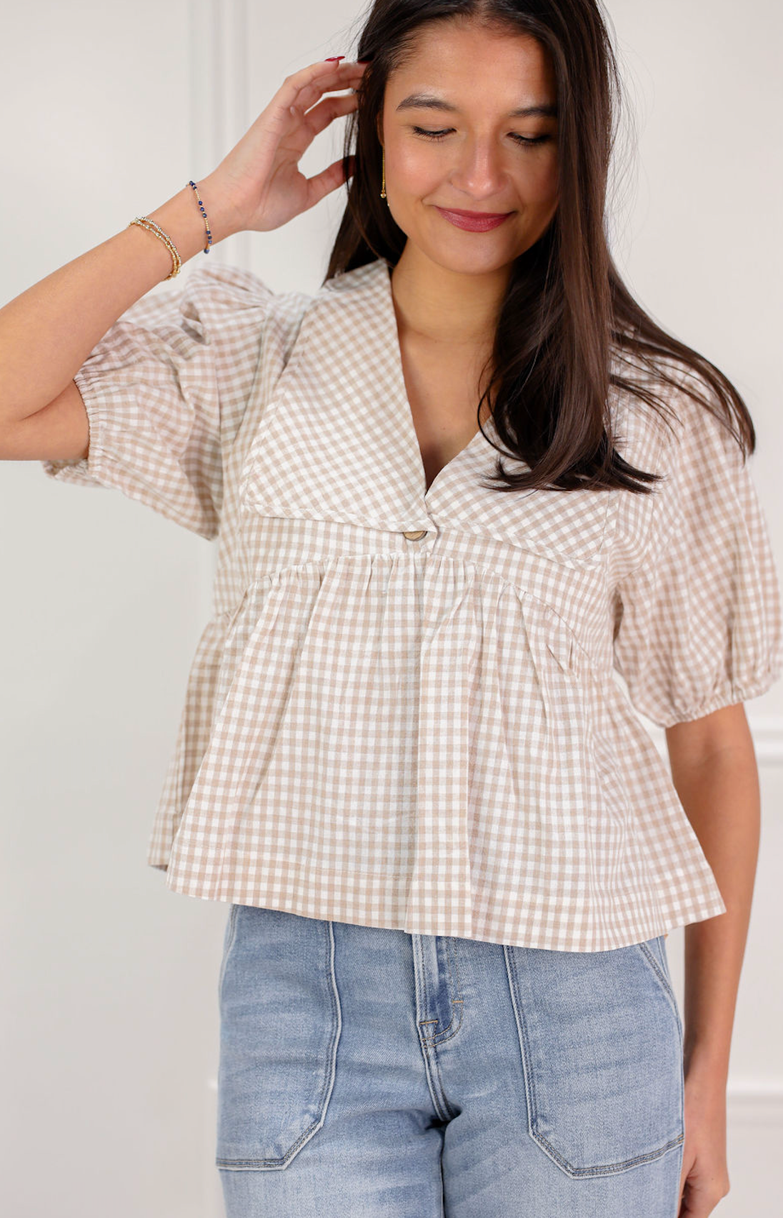 Plaid Collared Blouse Taupe - Clothe Boutique