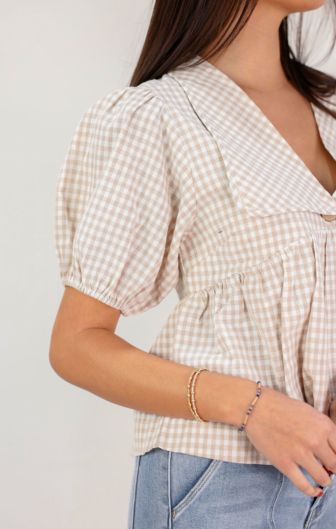 Plaid Collared Blouse Taupe - Clothe Boutique