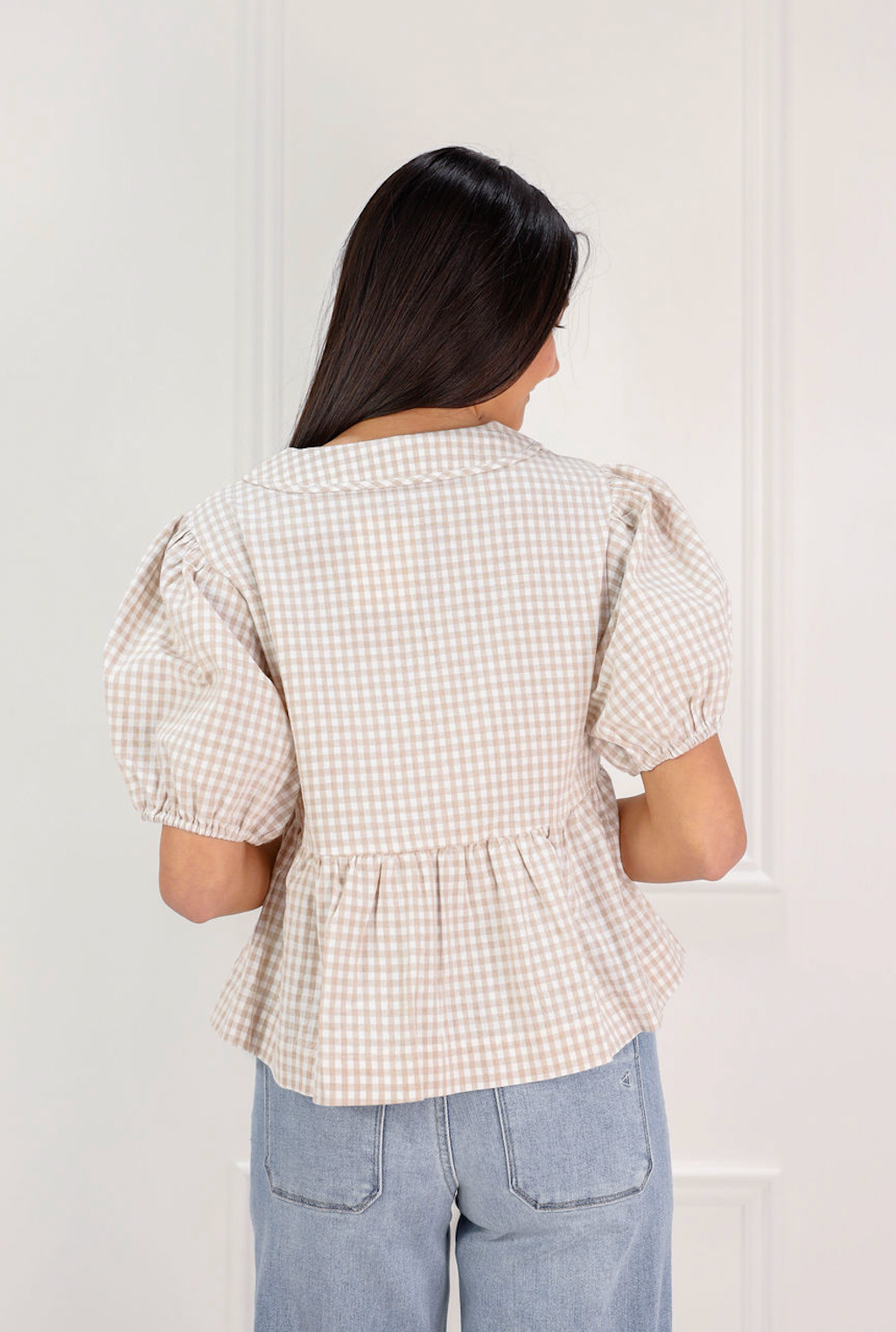 Plaid Collared Blouse Taupe - Clothe Boutique