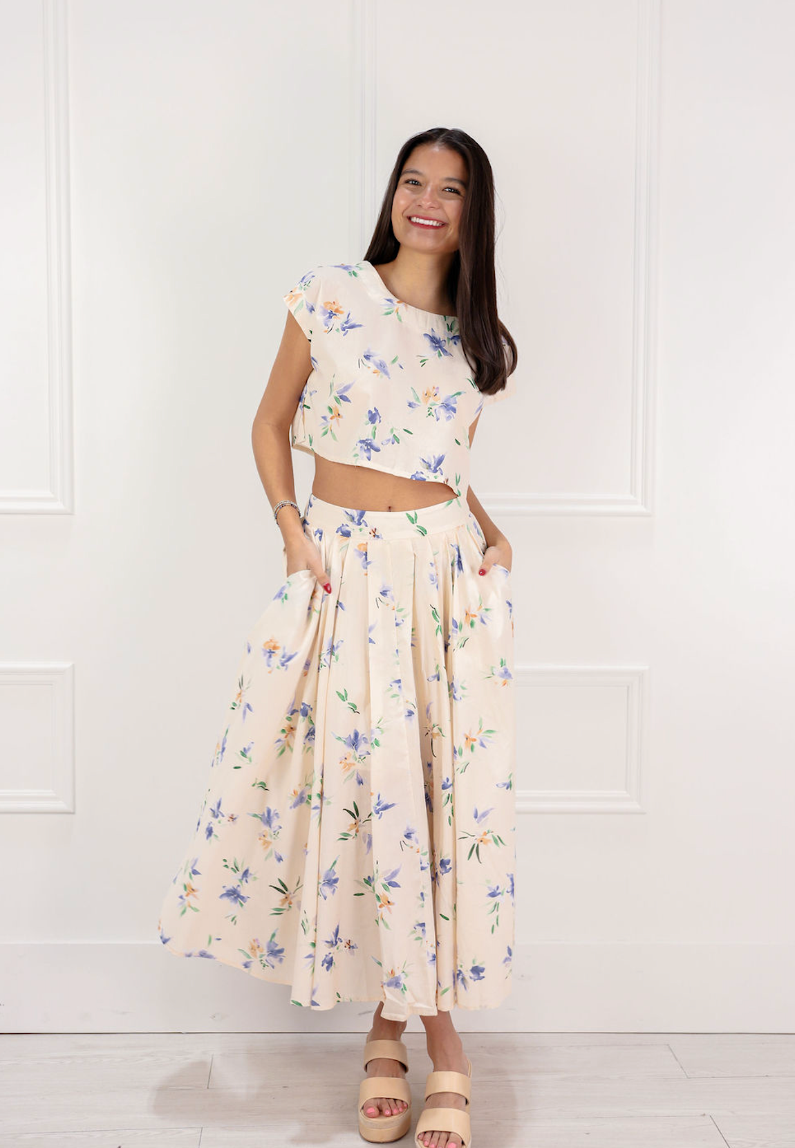 Floral Linen Top & Midi Skirt Set of 2 - Clothe Boutique