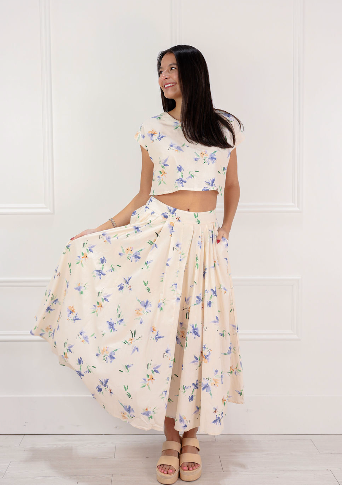 Floral Linen Top & Midi Skirt Set of 2 - Clothe Boutique
