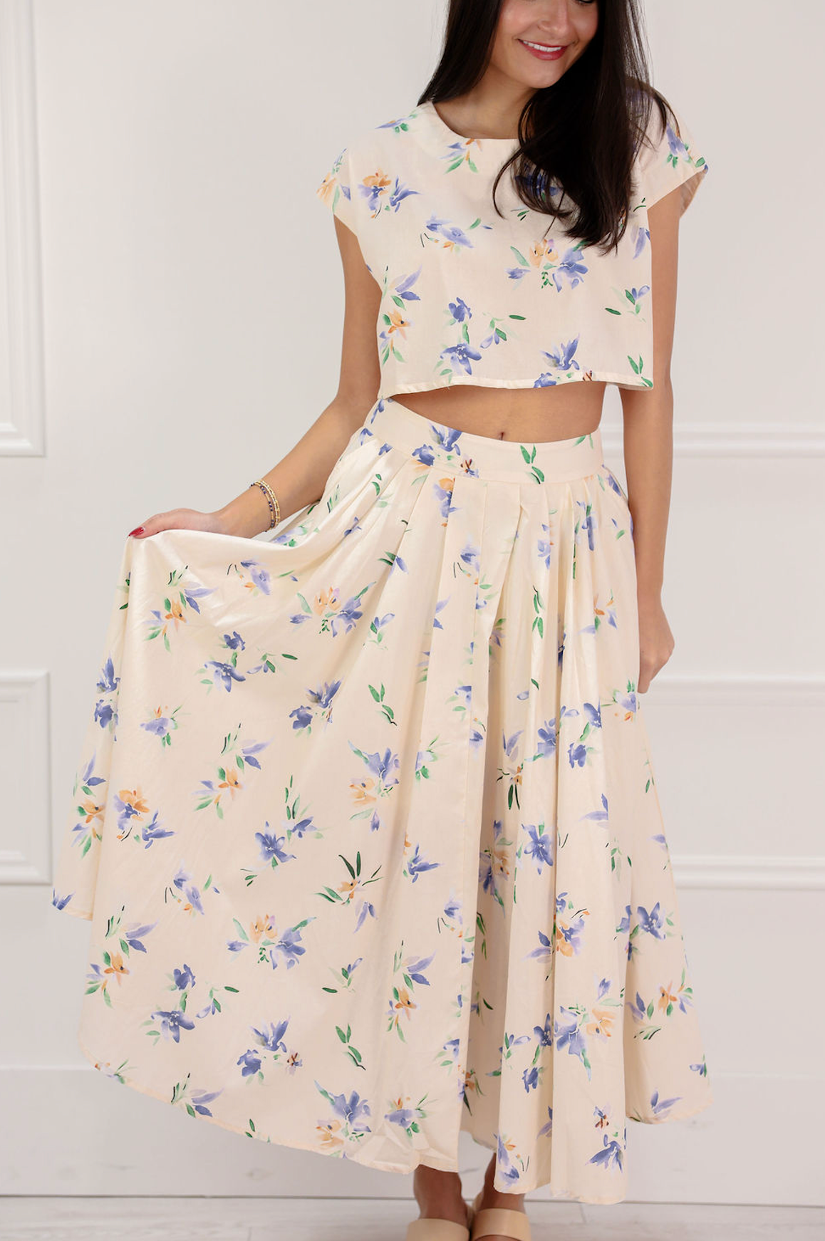 Floral Linen Top & Midi Skirt Set of 2 - Clothe Boutique