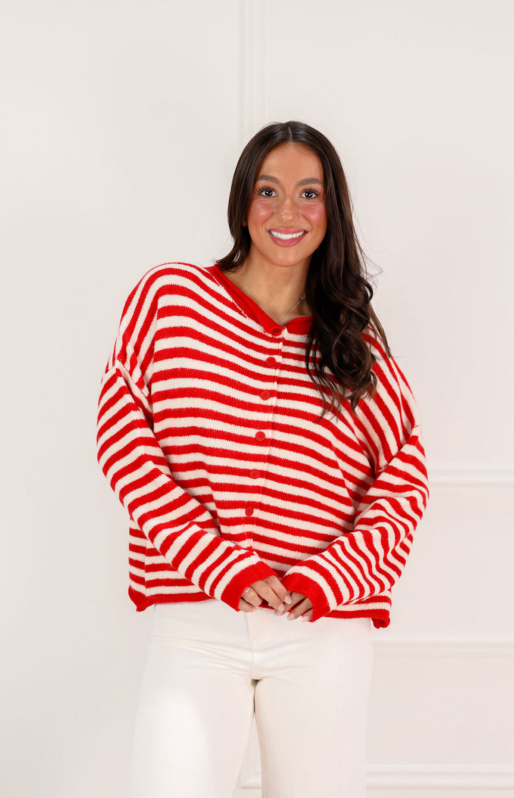 Striped Button Down Sweater Red/White