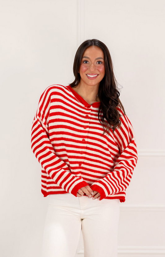 Striped Button Down Sweater Red/White