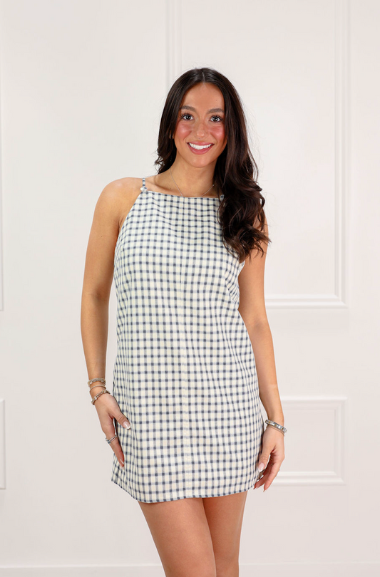 Navy Gingham A-Line Mini Dress