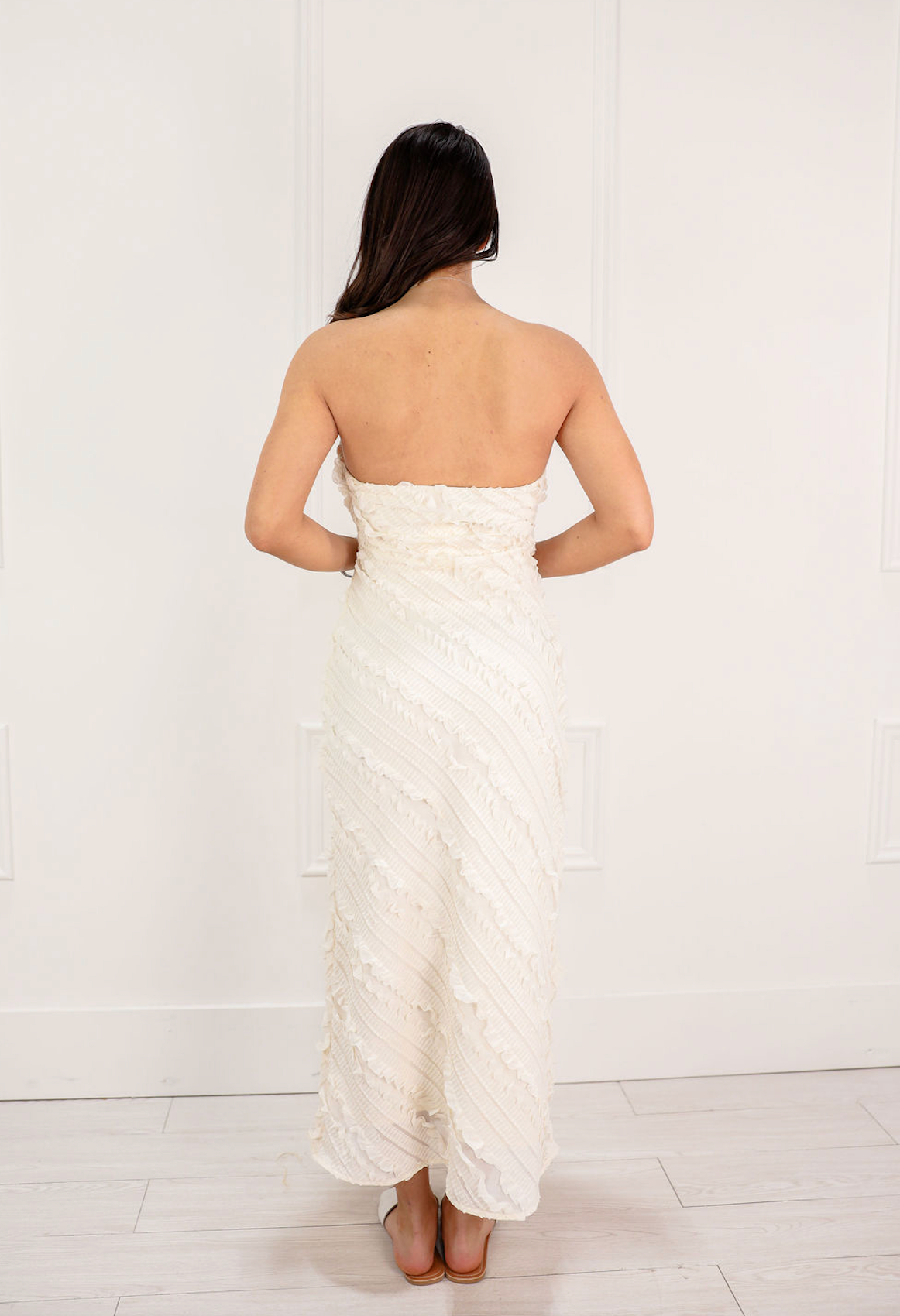 Strapless Ruffle Textured Midi Dress Cream - Clothe Boutique