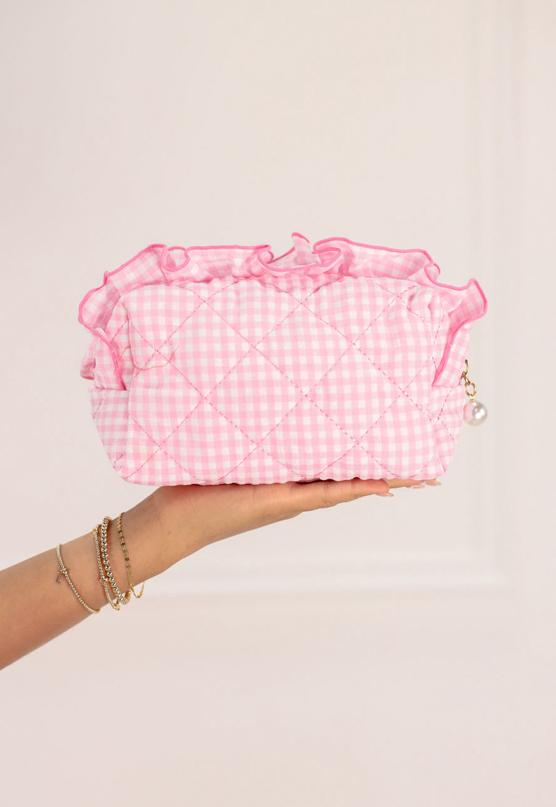 Pink Gingham Frilly Zip Pouch