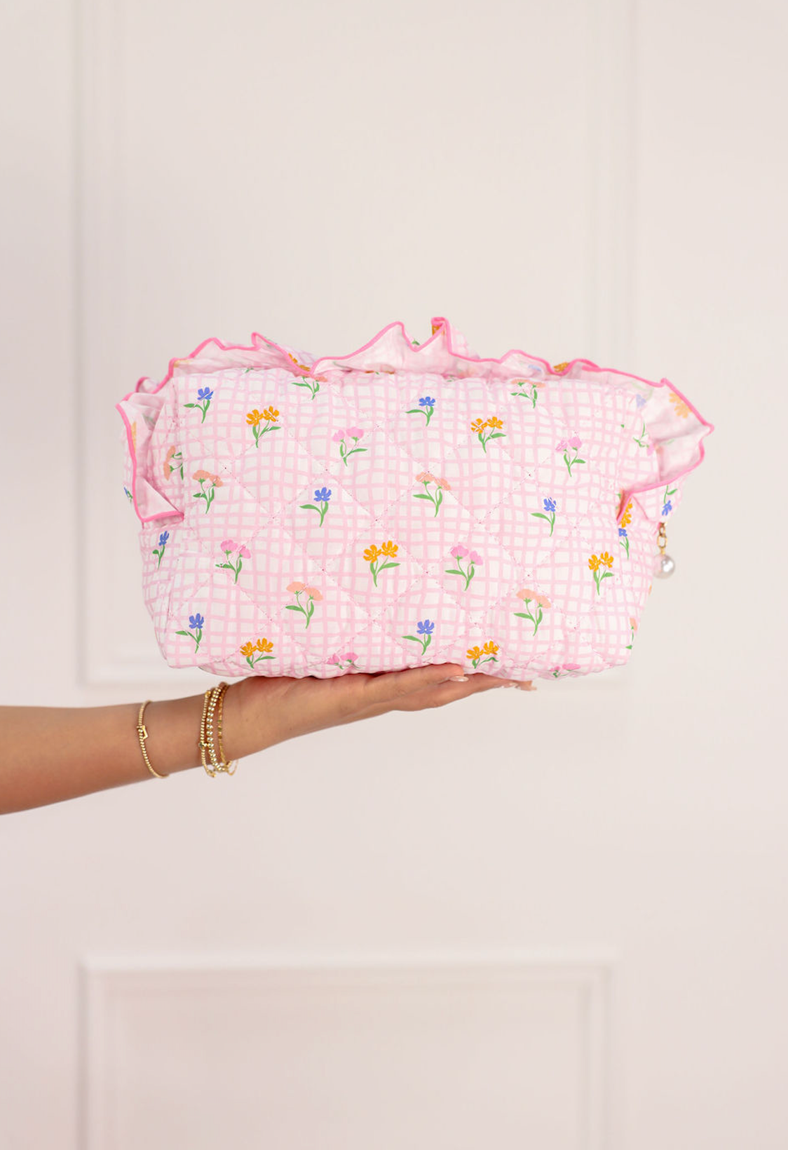 Floral Frilly Zip Pouch Pink