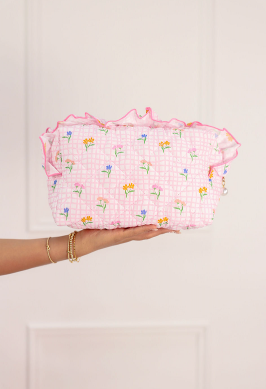 Floral Frilly Zip Pouch Pink