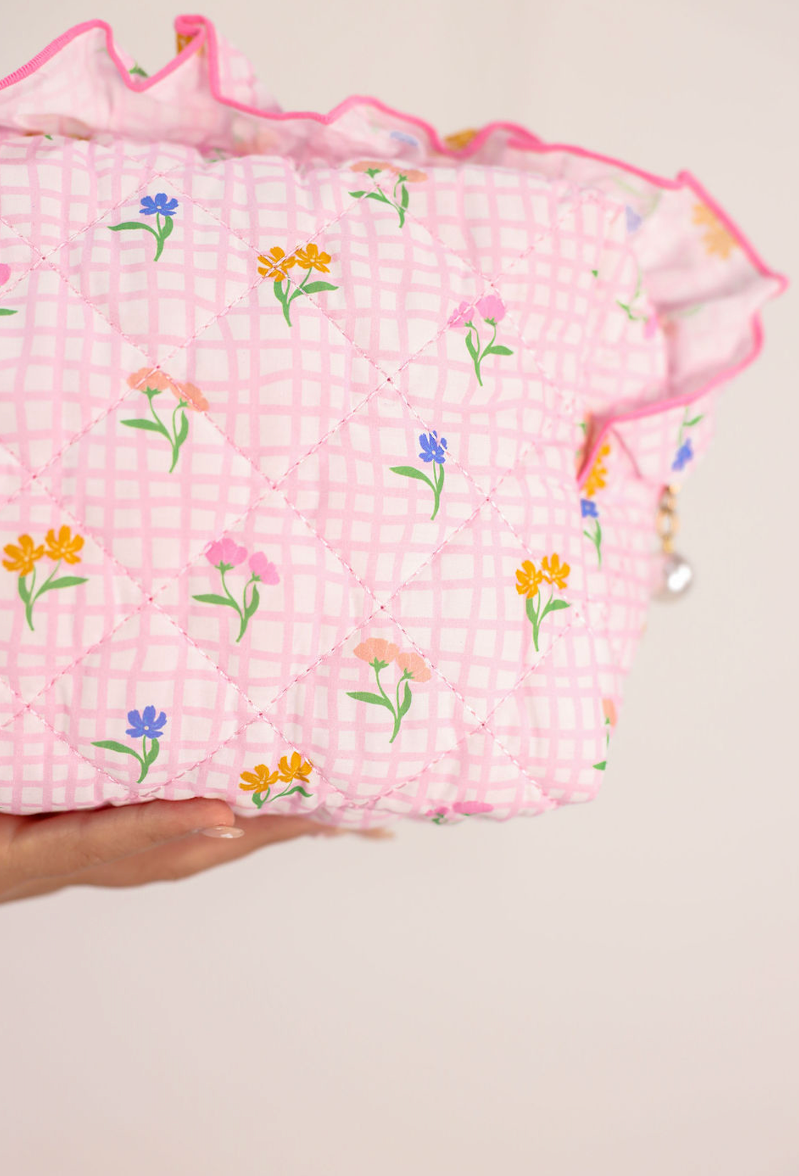 Floral Frilly Zip Pouch Pink