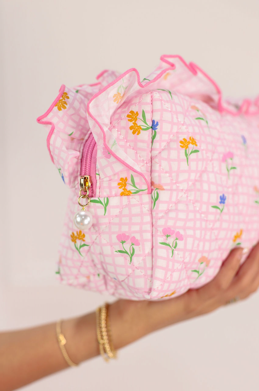 Floral Frilly Zip Pouch Pink