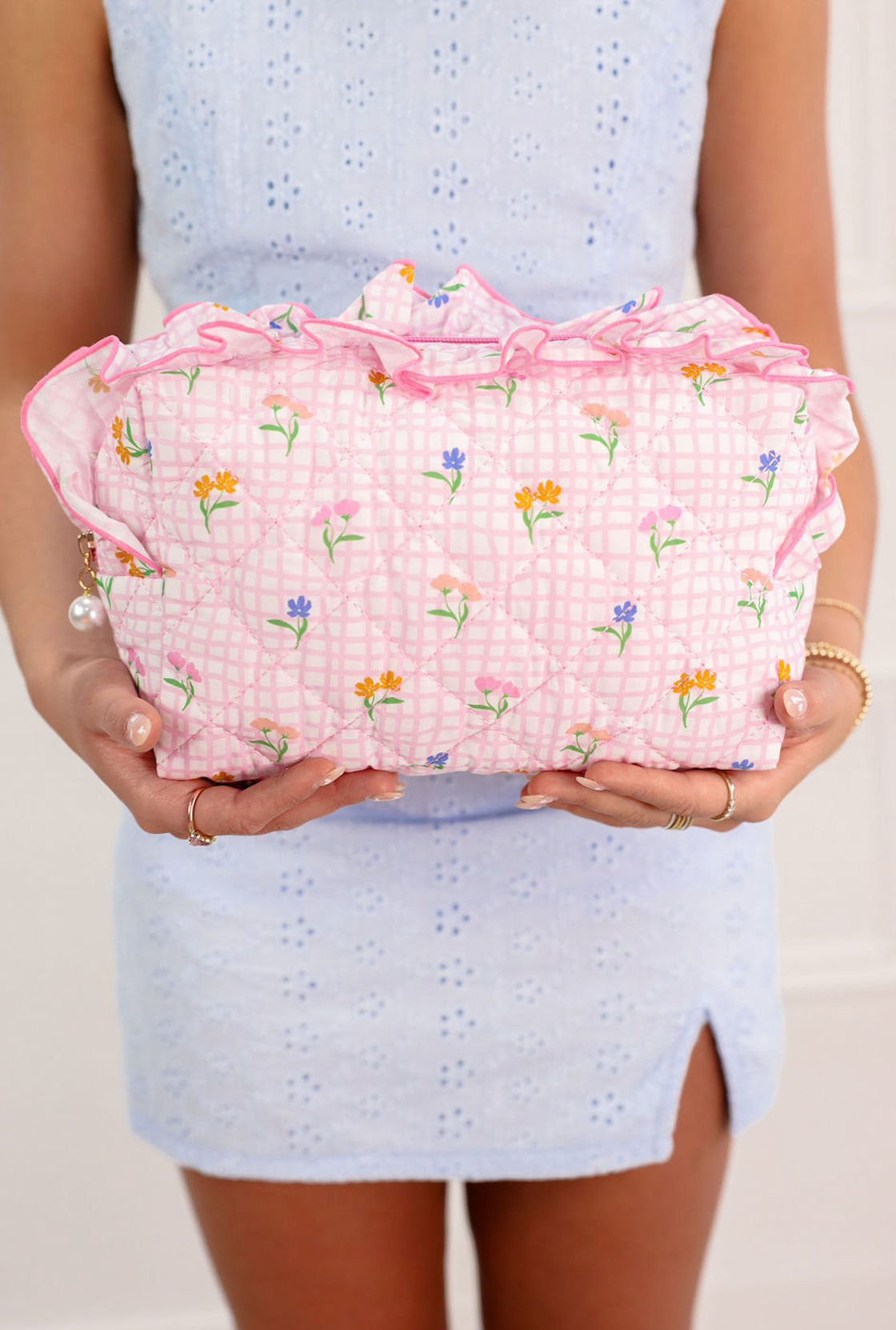Floral Frilly Zip Pouch Pink