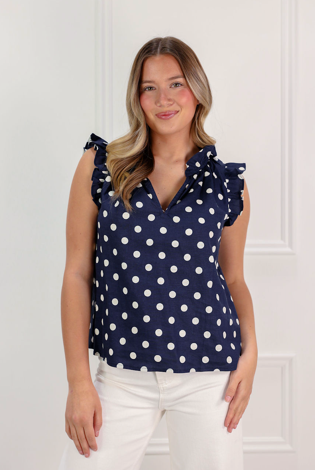 Mira Polka Dot Ruffle Blouse Navy