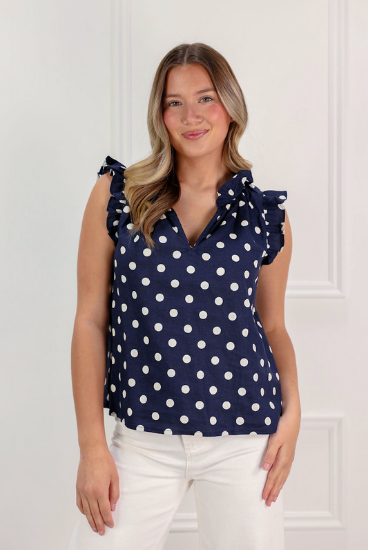 Mira Polka Dot Ruffle Blouse Navy