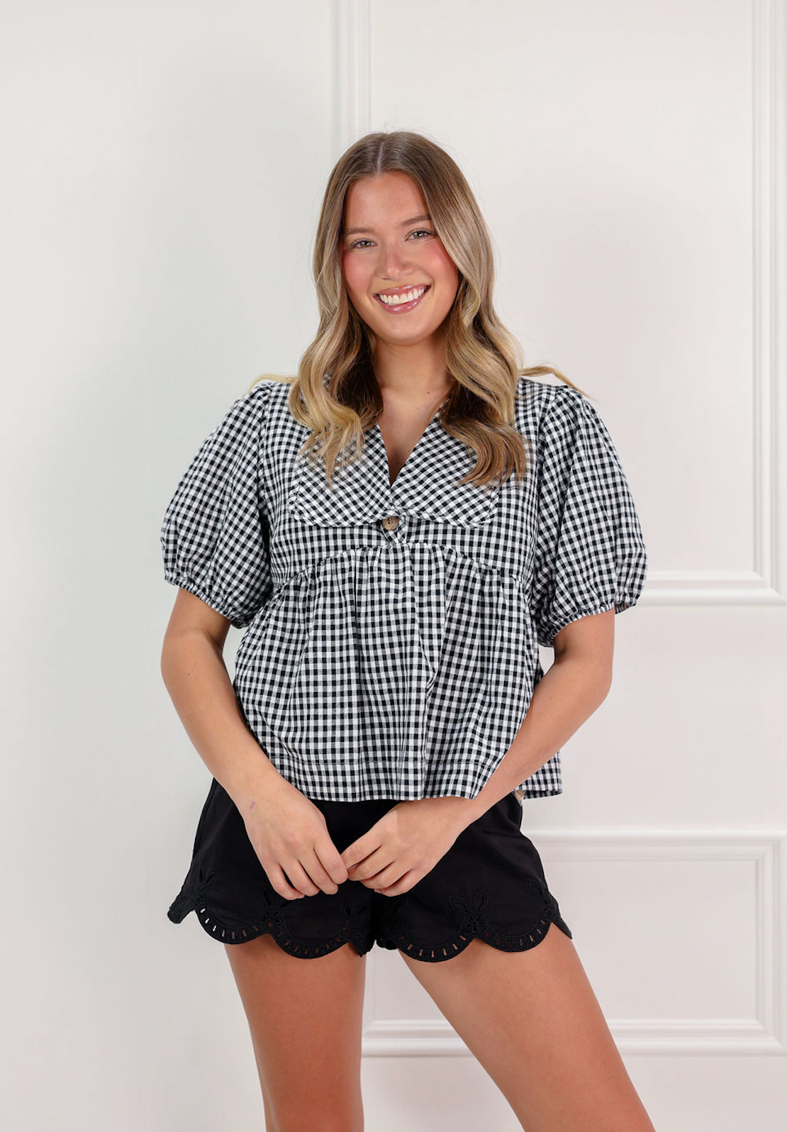 Plaid Collared Blouse Black