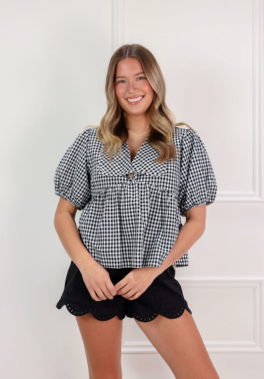 Plaid Collared Blouse Black