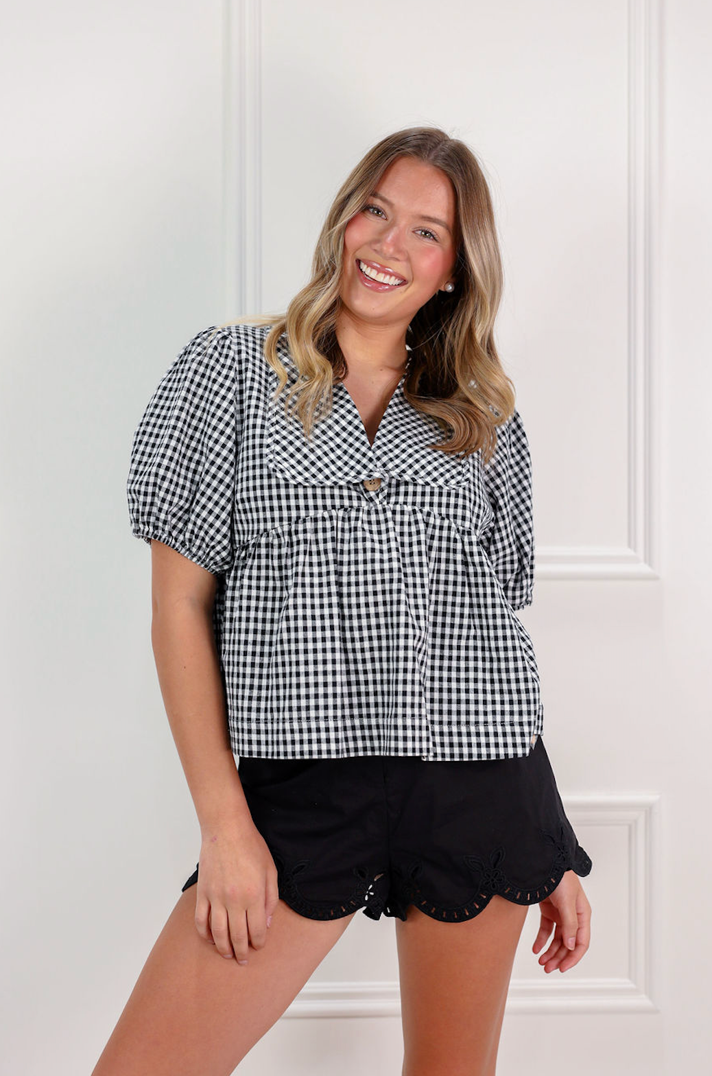 Plaid Collared Blouse Black