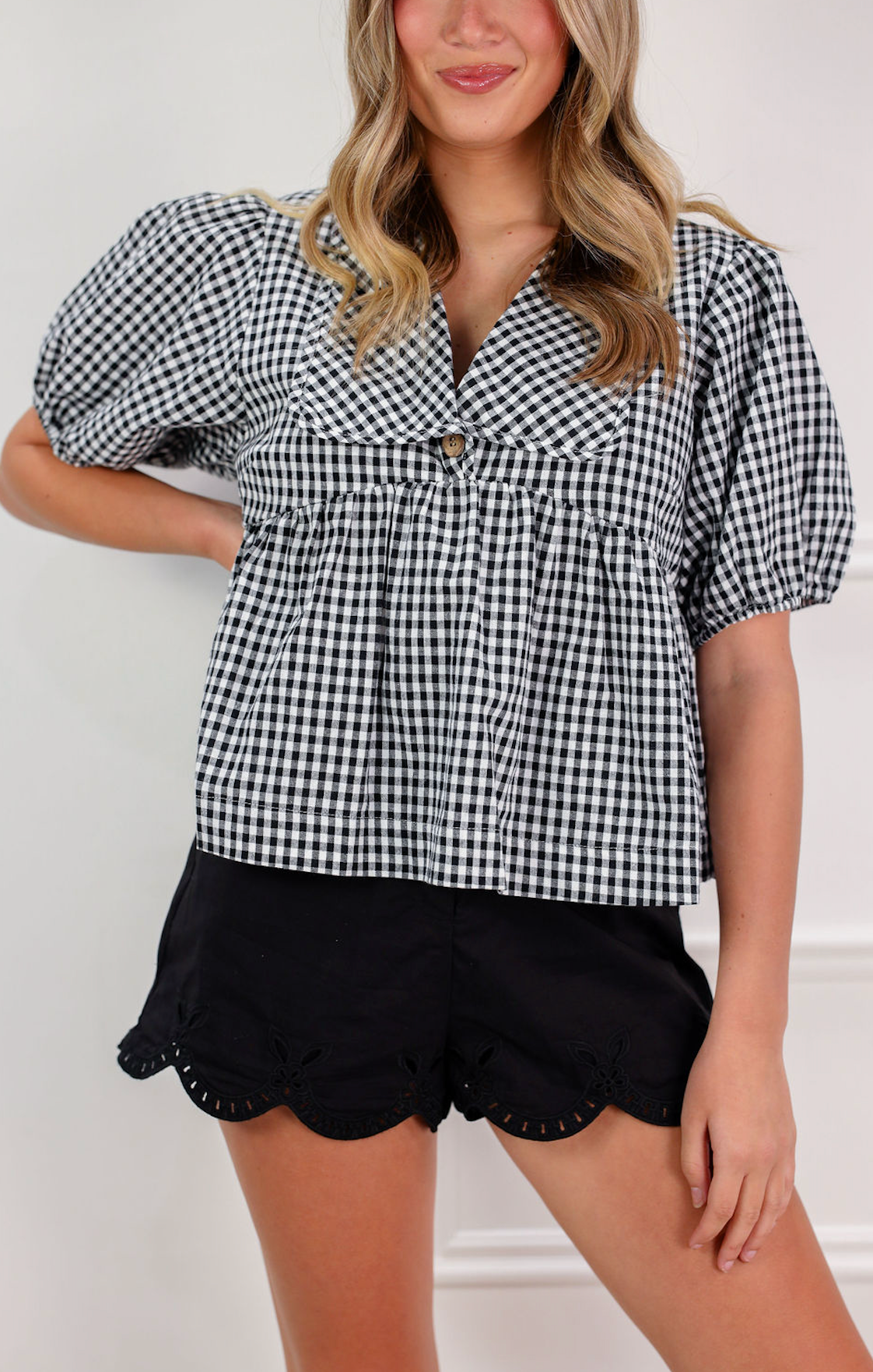 Plaid Collared Blouse Black