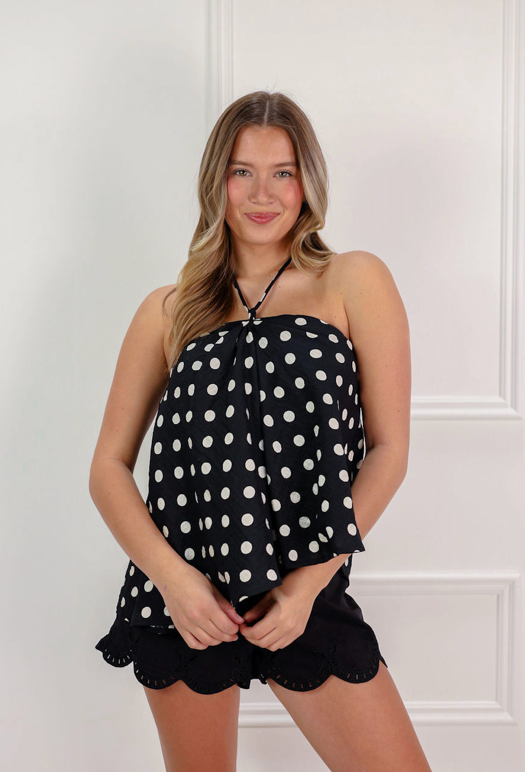 Linen Polka Dot Halter Top Black