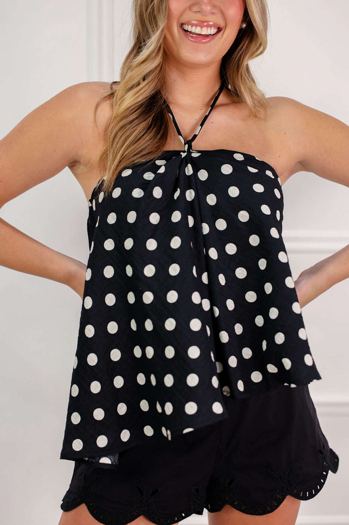 Linen Polka Dot Halter Top Black