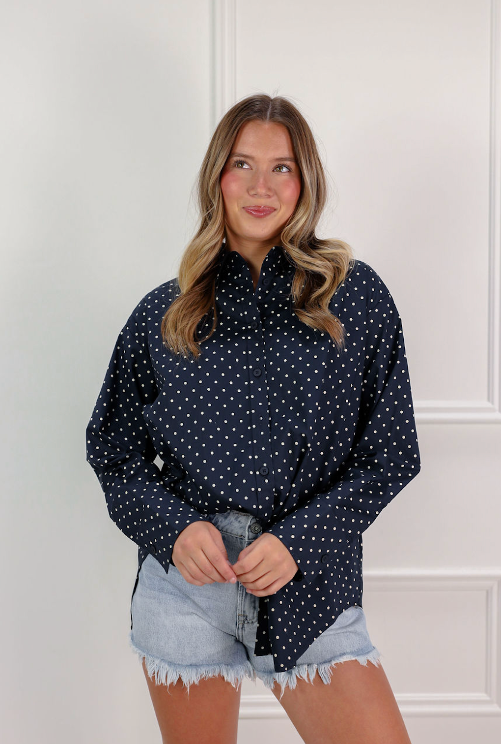 Polka Dot Button Down Shirt Navy