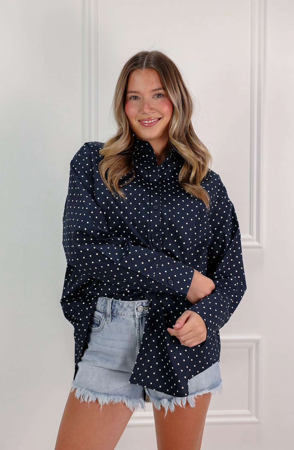 Polka Dot Button Down Shirt Navy