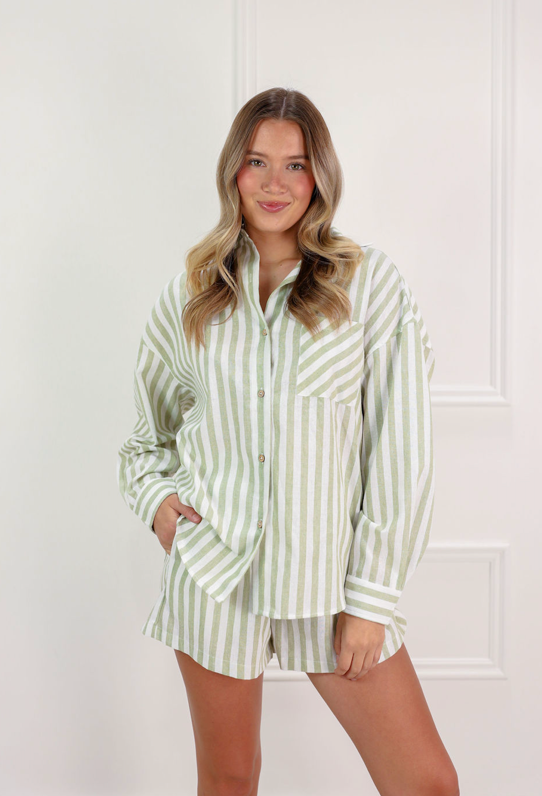 Striped Button Down Linen Shirt Sage