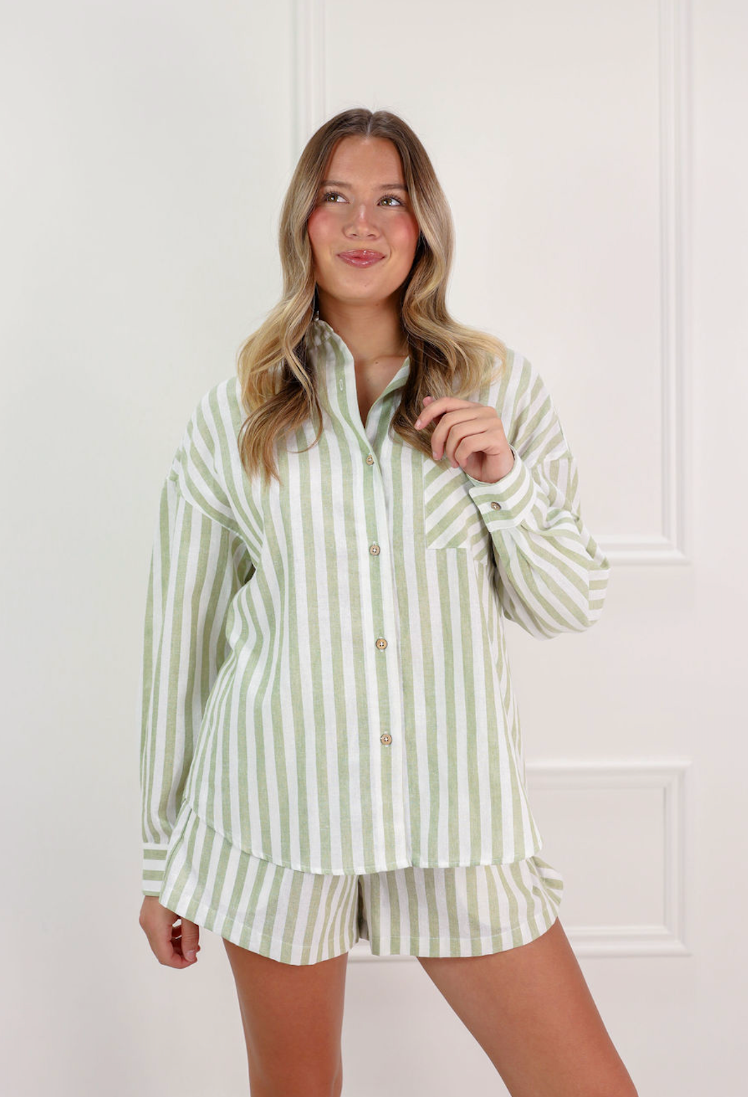 Striped Button Down Linen Shirt Sage