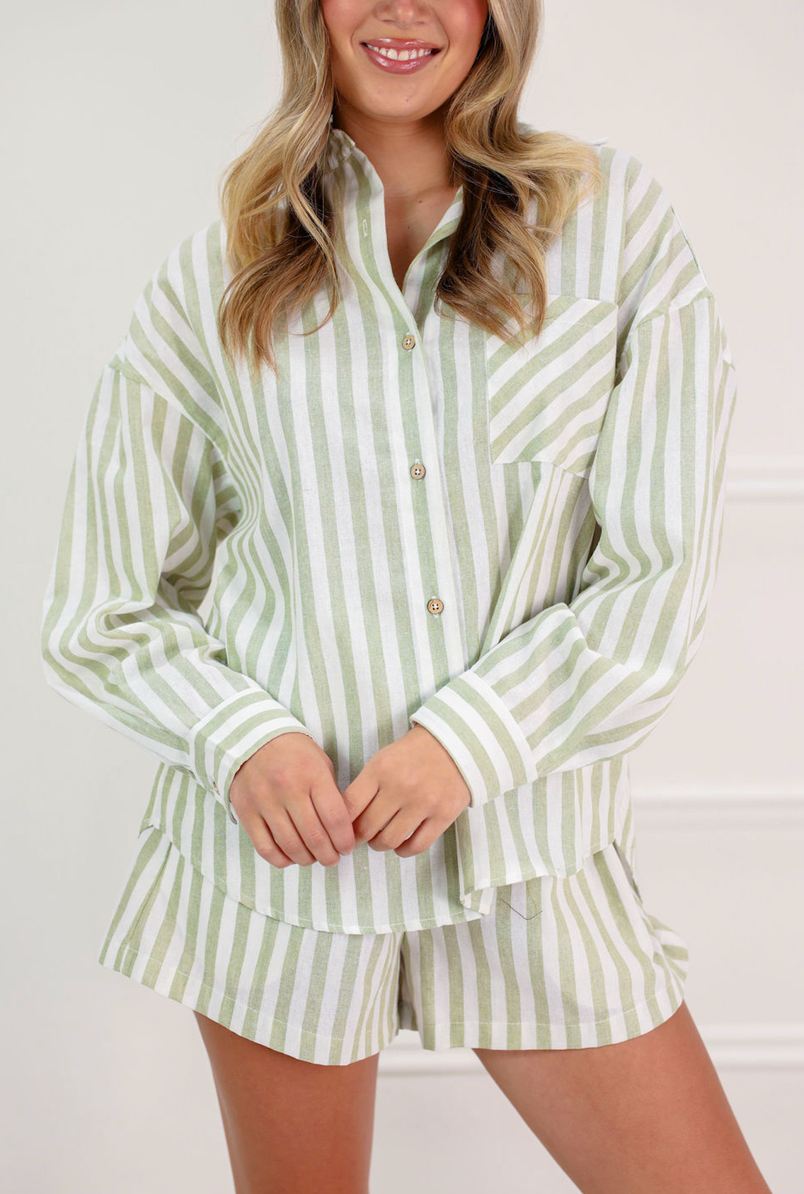 Striped Button Down Linen Shirt Sage