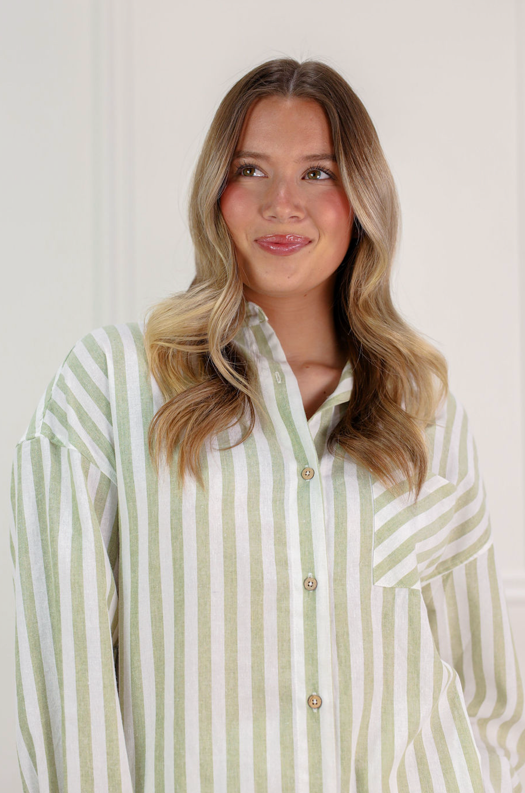 Striped Button Down Linen Shirt Sage