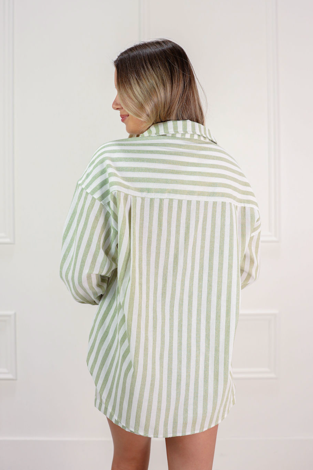 Striped Button Down Linen Shirt Sage