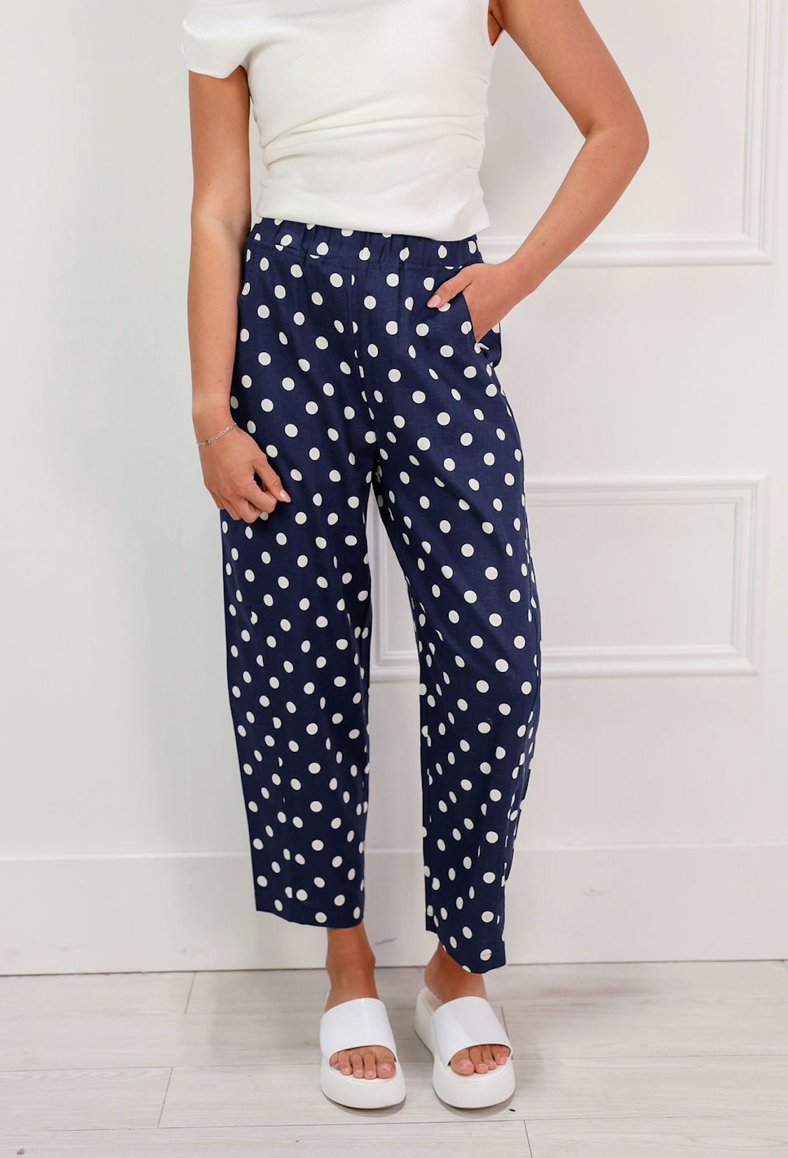 Navy Polka Dot Linen Pants