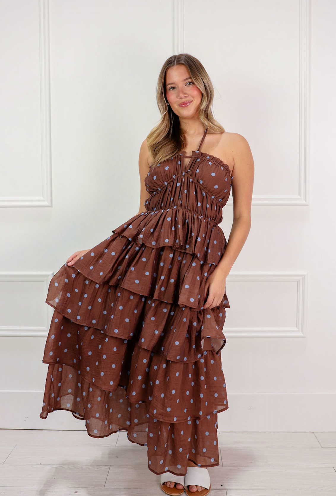 Brown Polka Dot Tiered Ruffle Maxi Dress