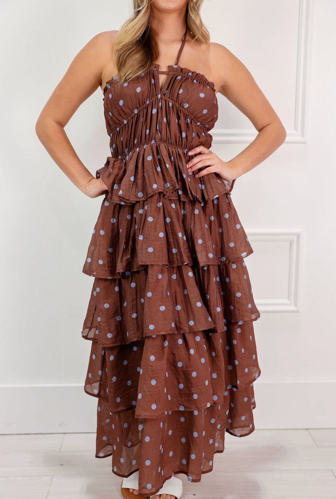 Brown Polka Dot Tiered Ruffle Maxi Dress