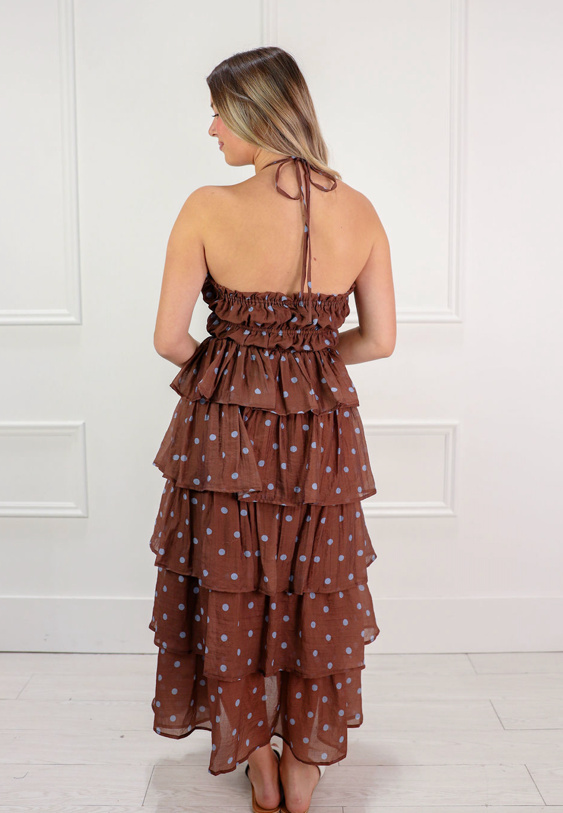 Brown Polka Dot Tiered Ruffle Maxi Dress