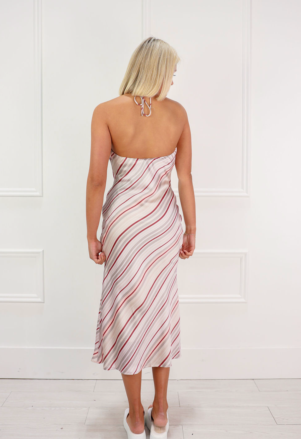 Halter Midi Satin Stripe Dress